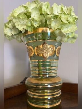 Vintage Green Glass Vase Gold Gilt
7” Mid Century Art Glass